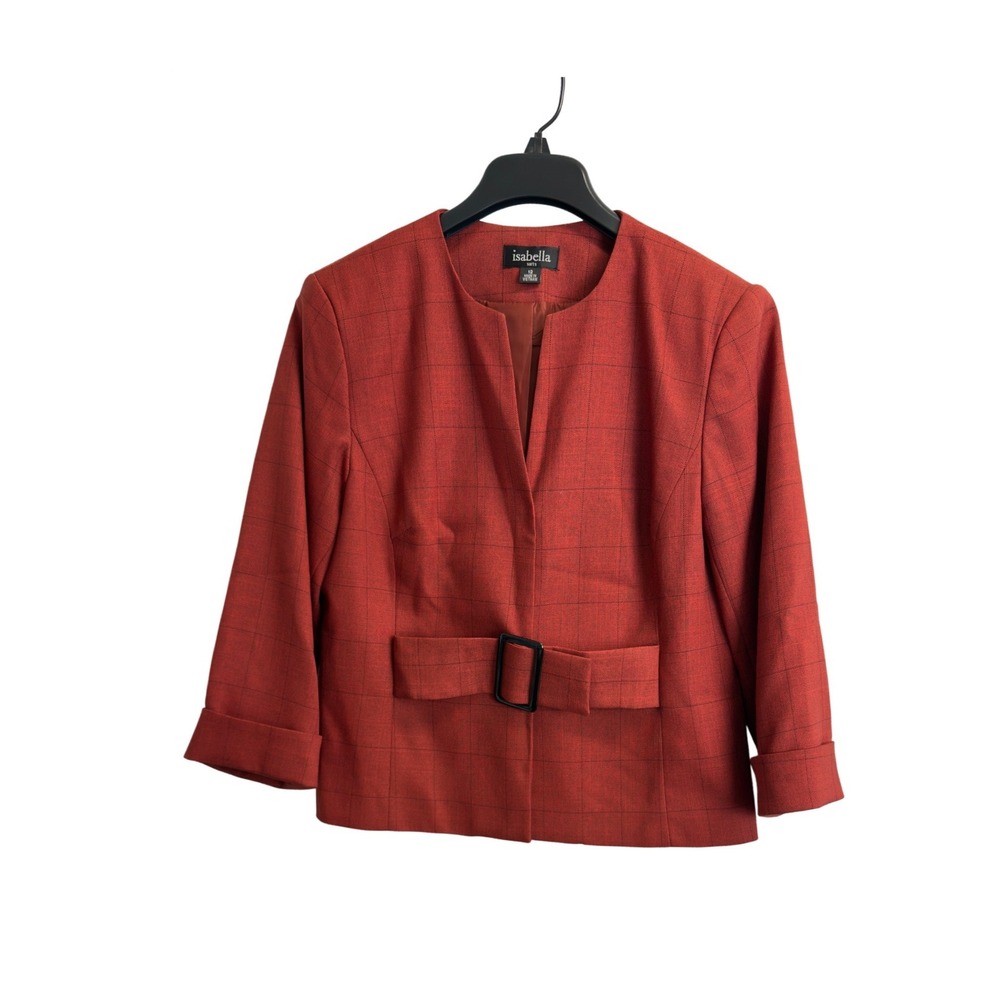 Isabella Suits Rust Orange Windowpane‎ Plaid Belted Blazer Jacket Womens 12
